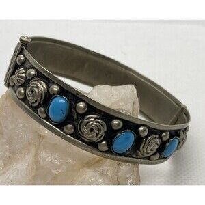 Vintage Alp Italy Bangle Bracelet Blue Accent Pin Closure Repousse Flower Design